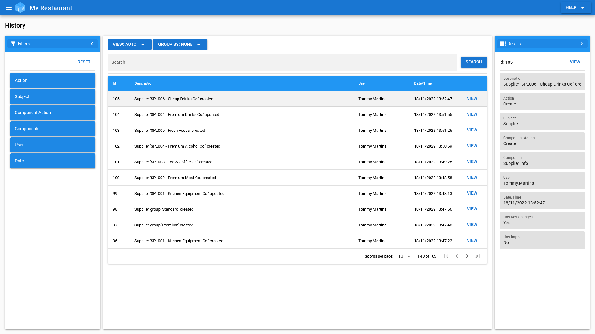 The OneBoxBM Audit/History Log.