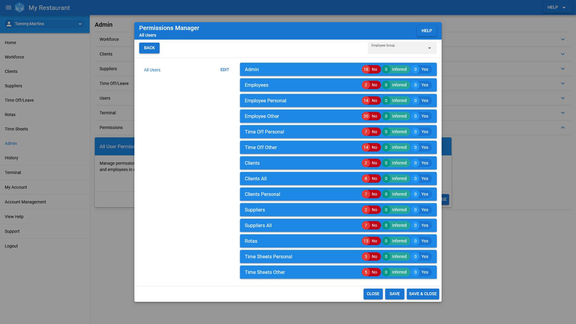 The OneBoxBM All User Permissions Management screen.