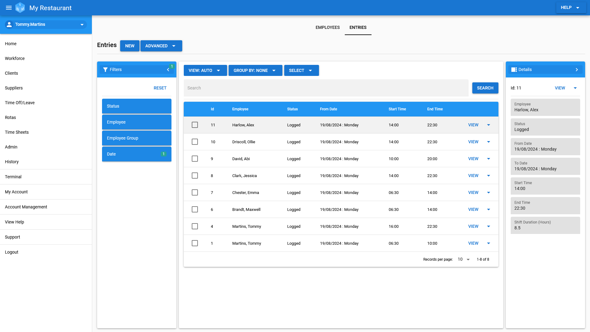 The OneBoxBM Employee Time Sheet Entry Management area.