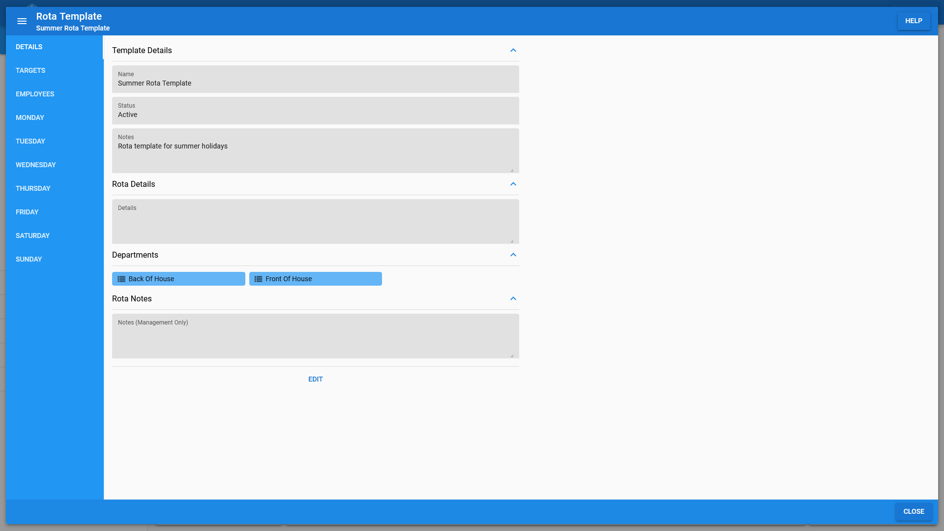 A rota templates details in OneBoxBM.