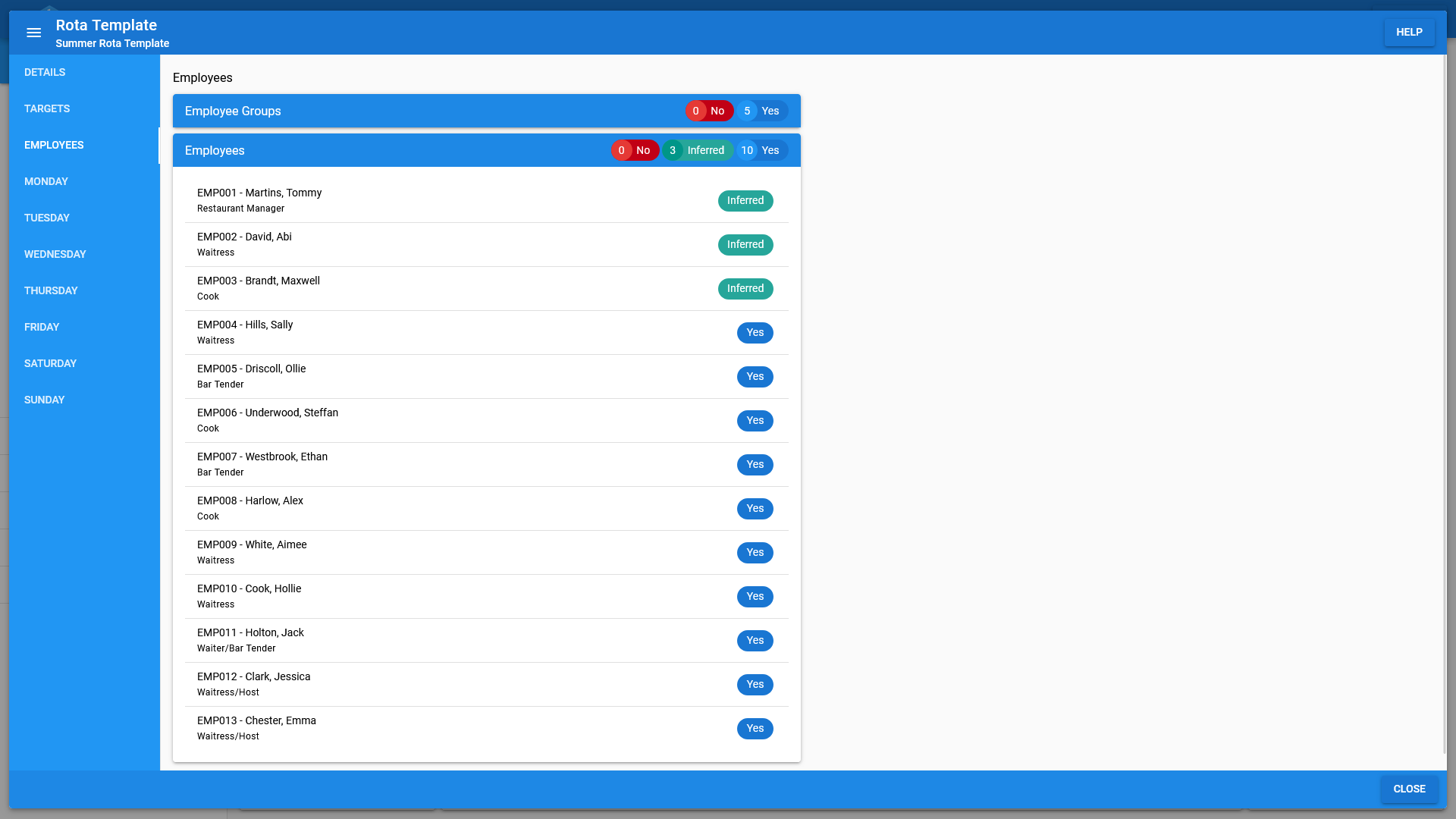 The employees list on a rota template OneBoxBM.