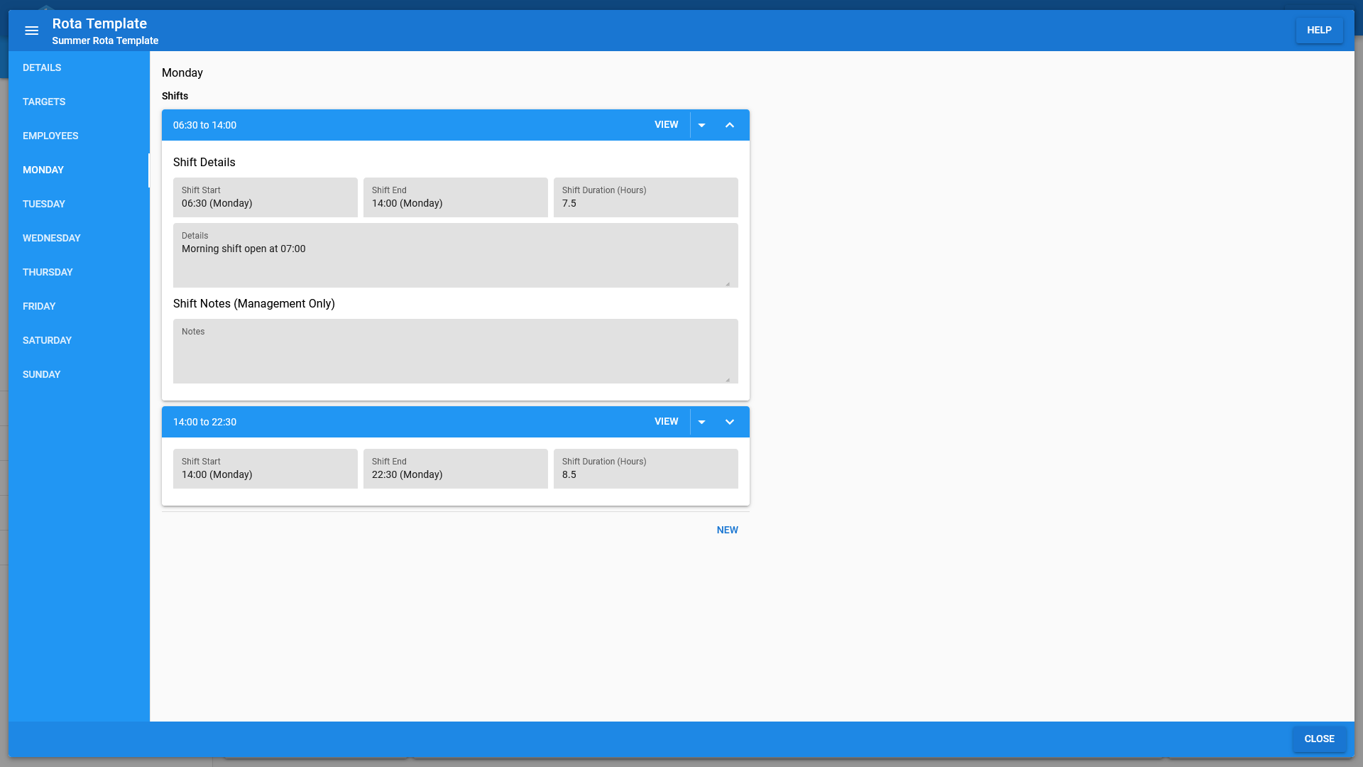 Shift management from the rota templates in OneBoxBM.