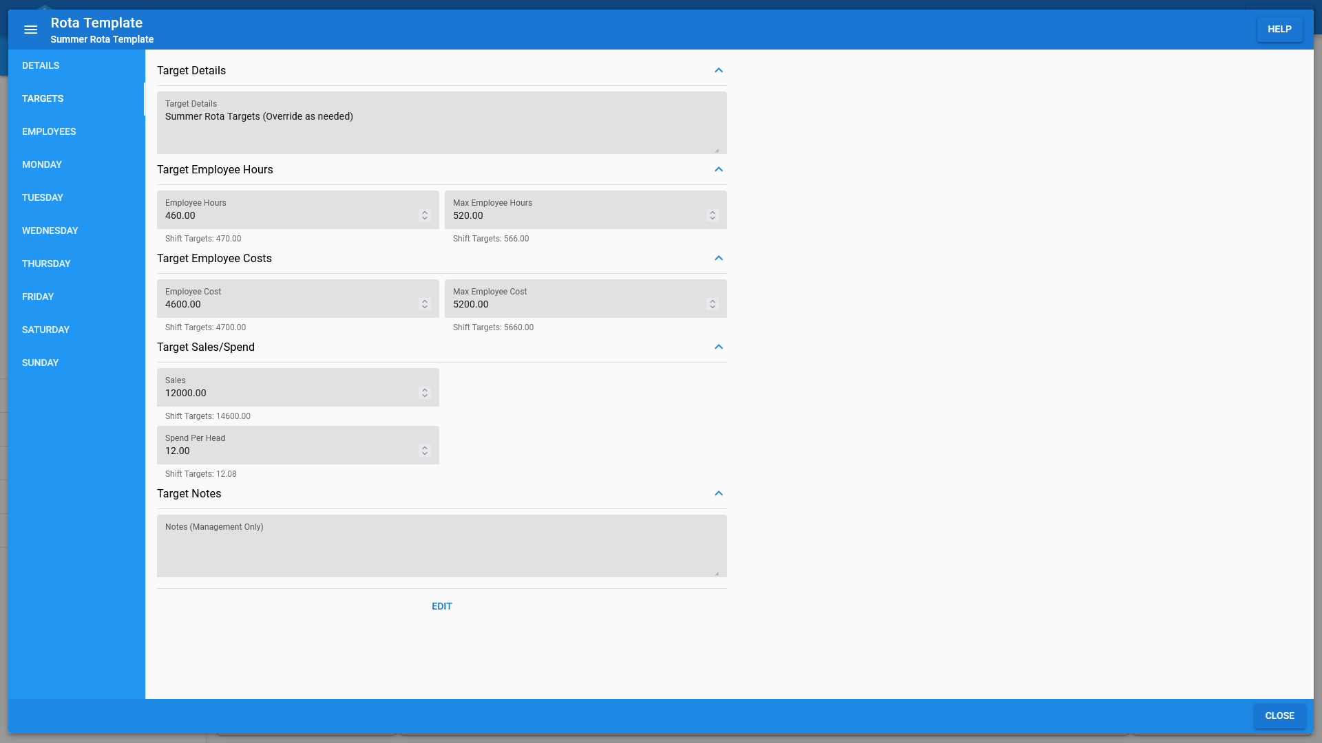 The targets stored against a rota template OneBoxBM.