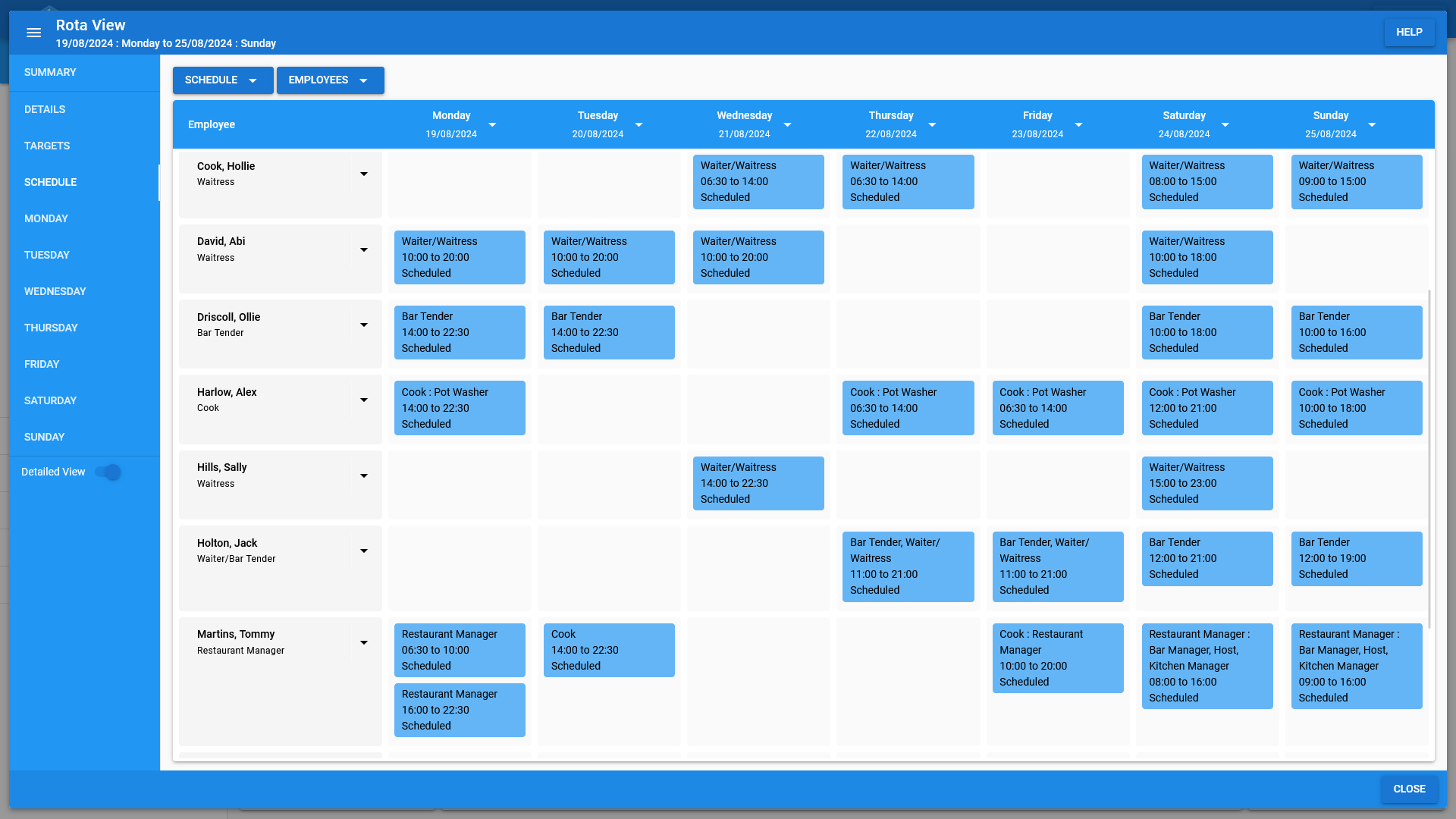 The staff schedule on the rota view in OneBoxBM.