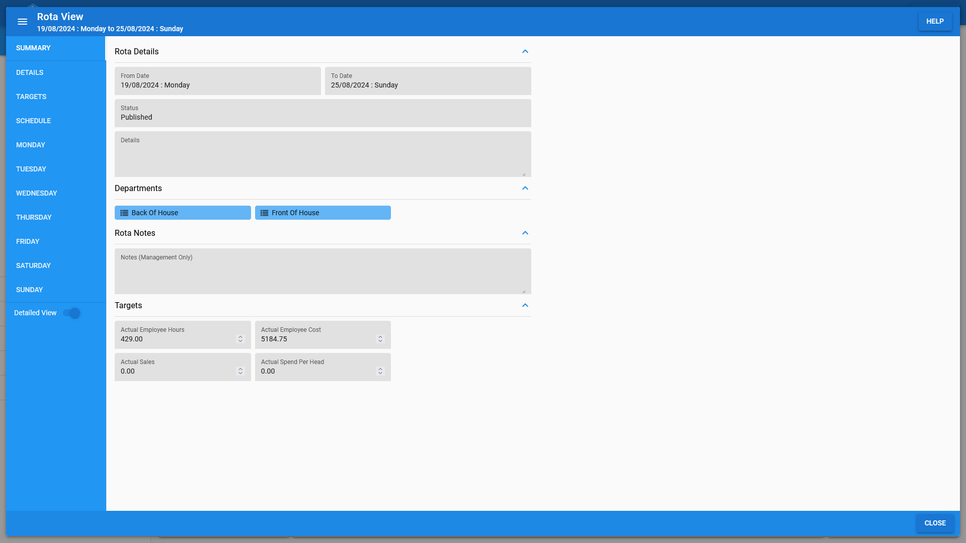 A rota summary in OneBoxBM.