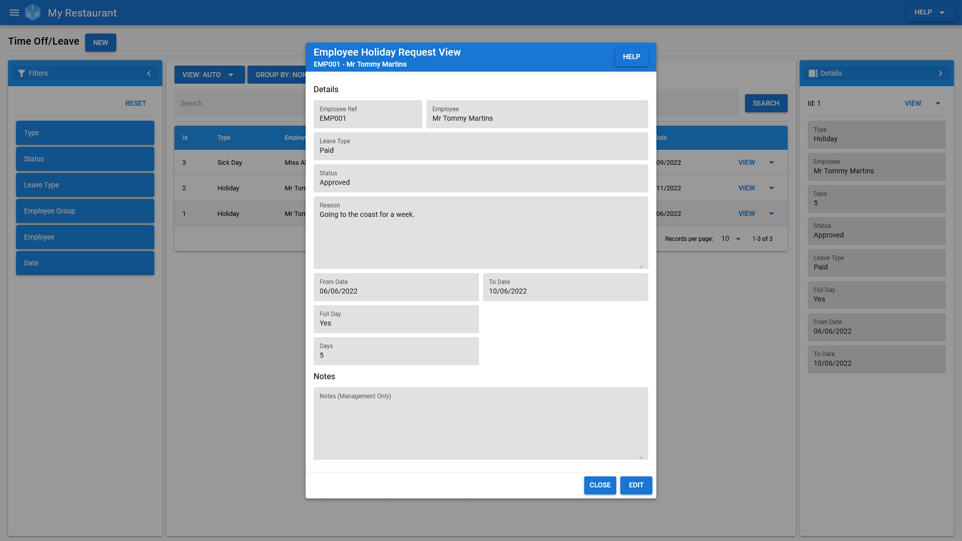 A time off/leave request in OneBoxBM.