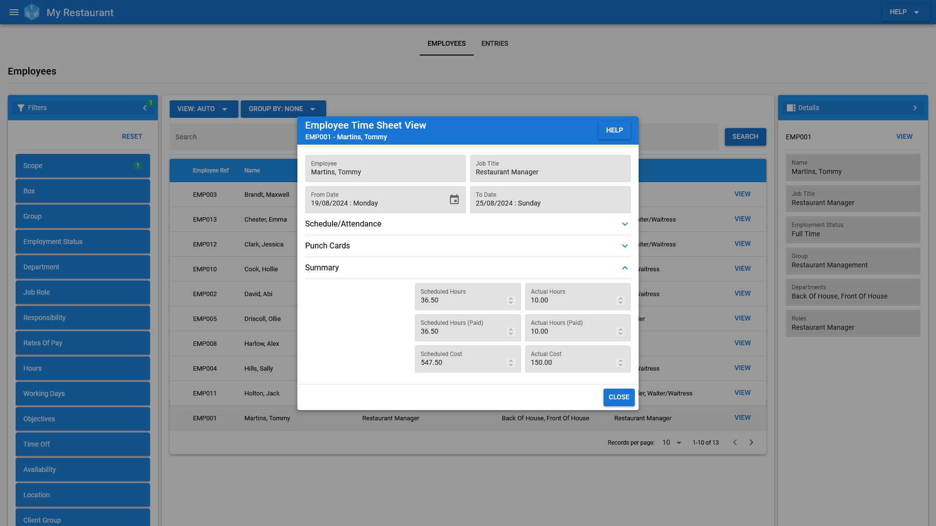 The Employee Time Sheet View in OneBoxBM.