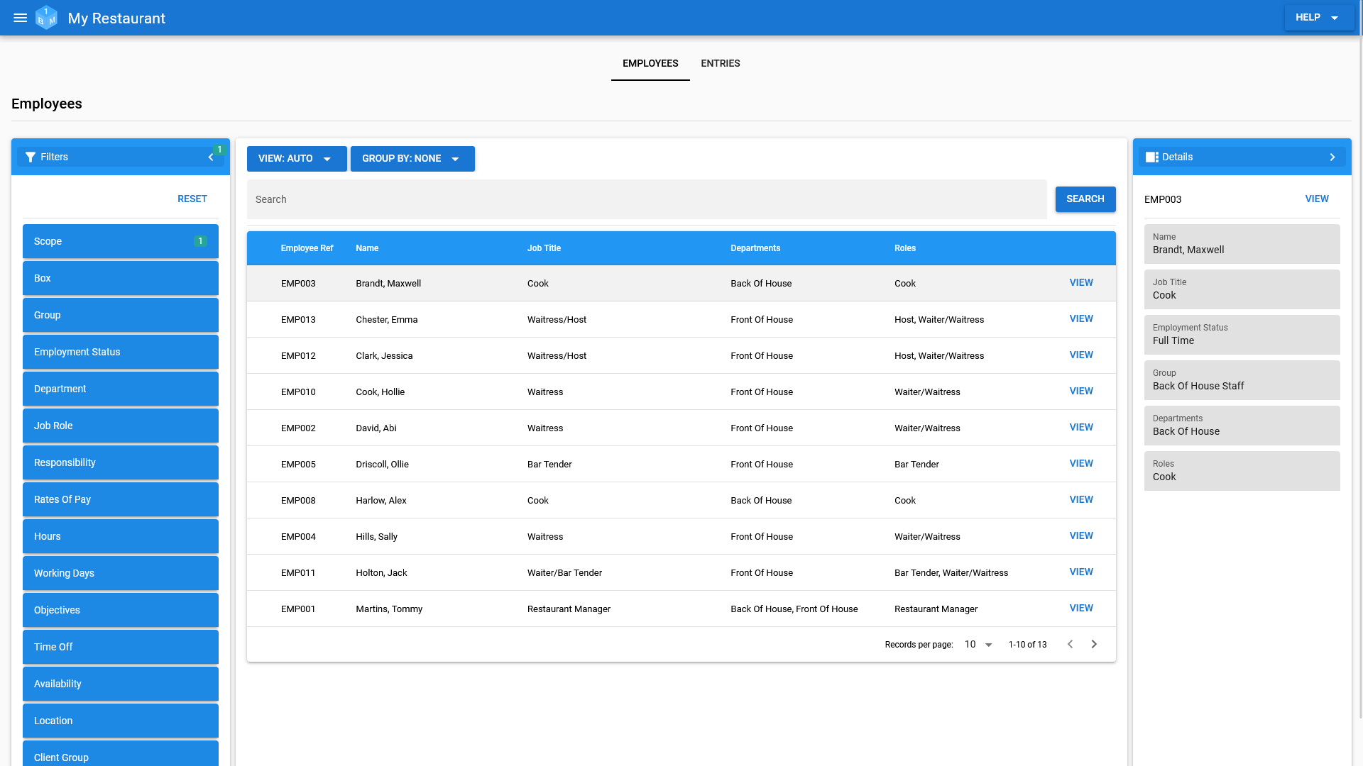 The Employee Time Sheet Management area in OneBoxBM.