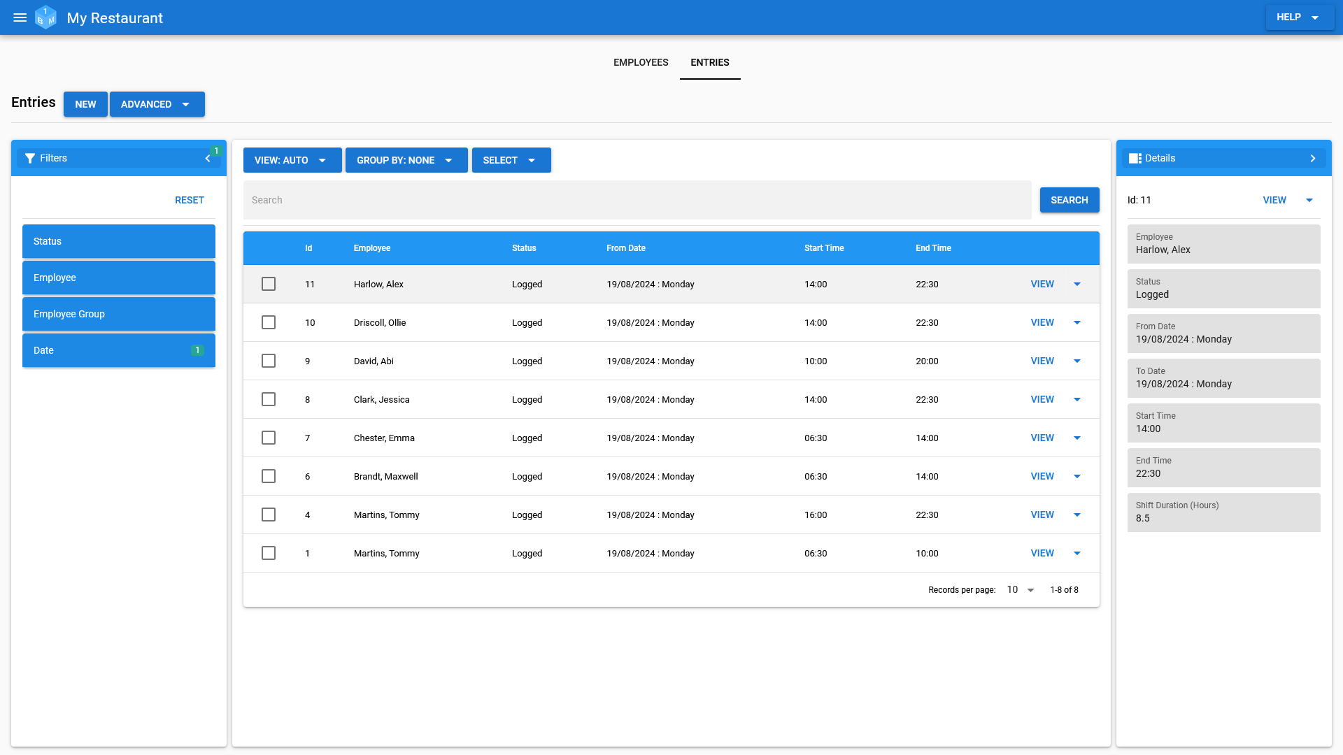 The Time Sheet Entry Management area in OneBoxBM.