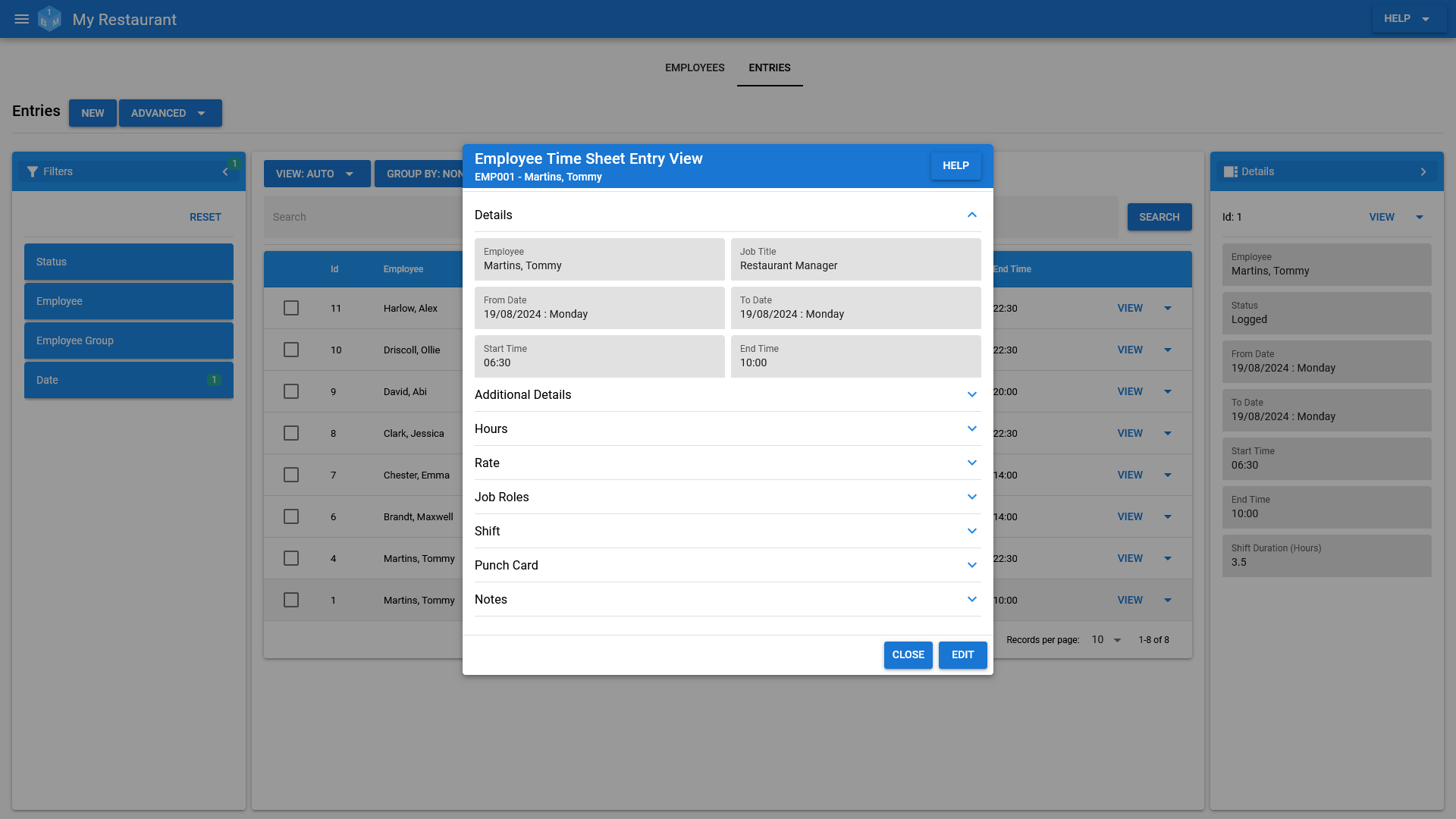 A time sheet entry in OneBoxBM.