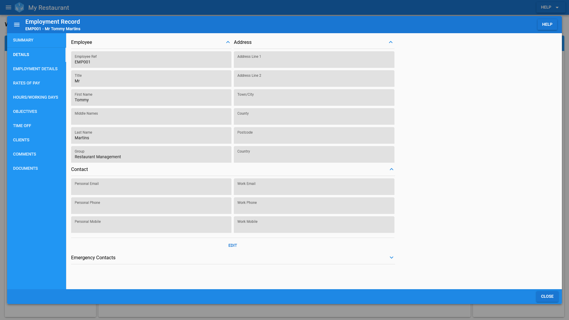 An employees employee details in OneBoxBM.