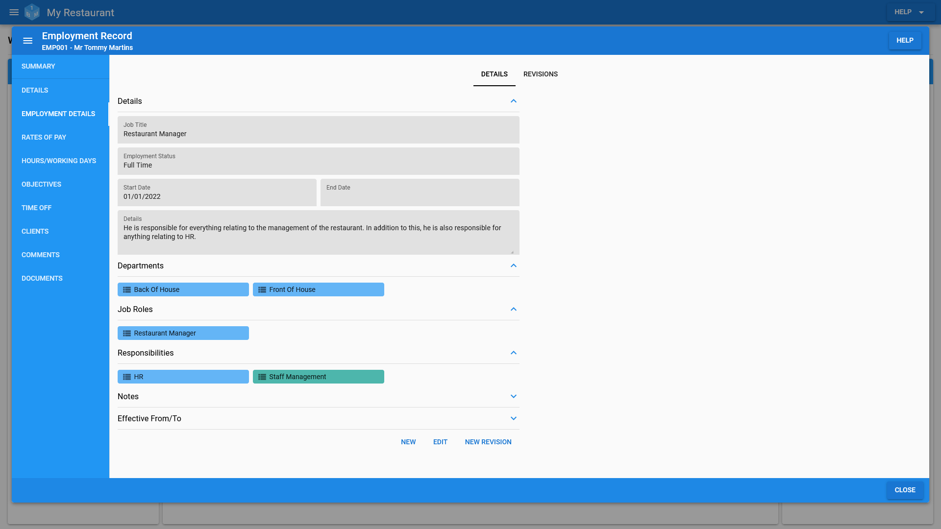 An employees Employment Details in OneBoxBM (details view)