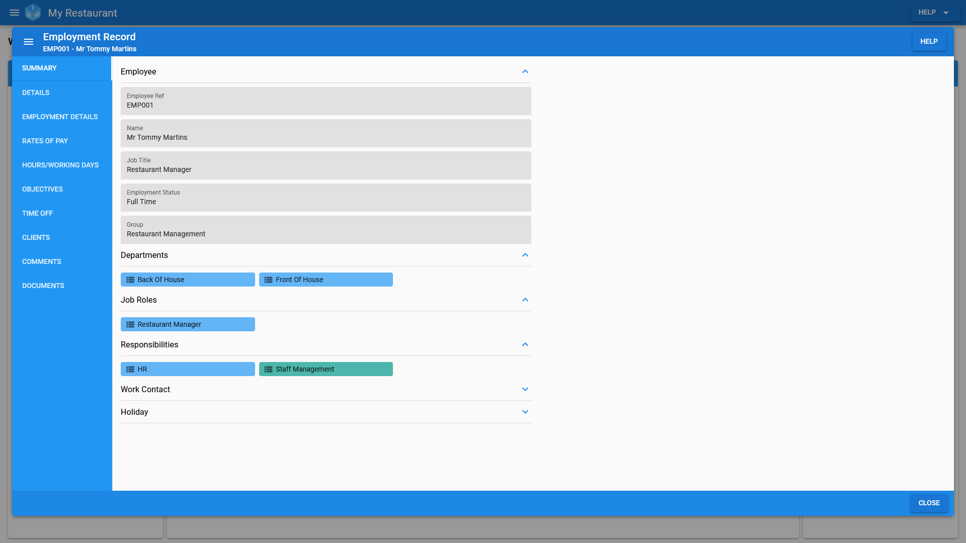 A summary of an employees details in OneBoxBM.