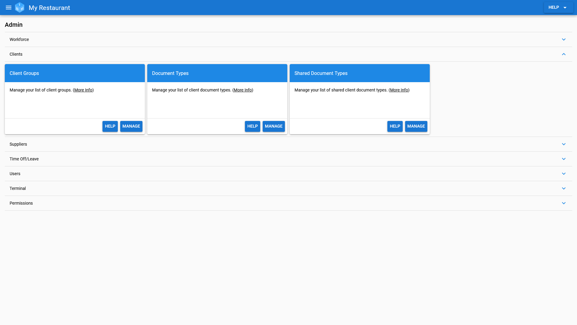 The Client Admin area in OneBoxBM.