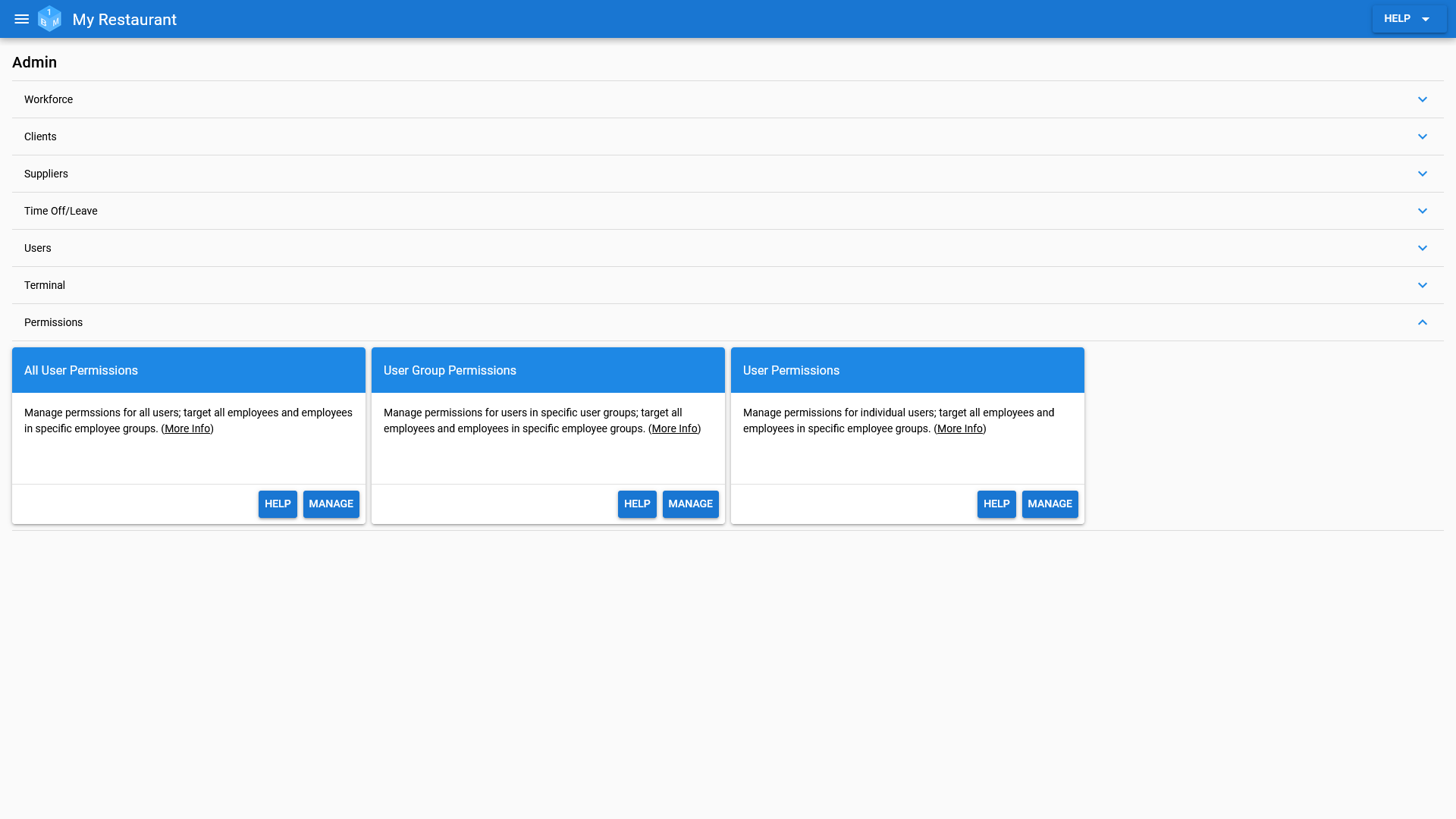 The Permissions Admin area in OneBoxBM.