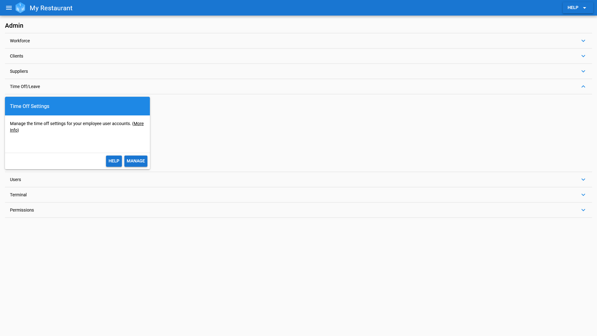 The Time Off/Leave Admin area in OneBoxBM.