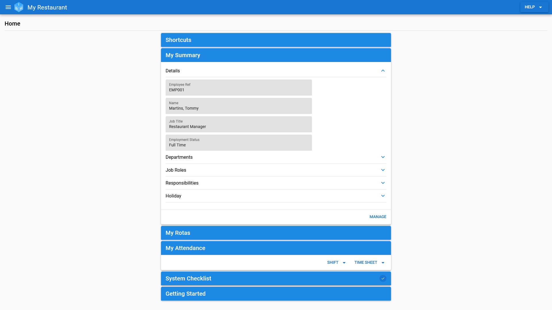 The current users employee summary in OneBoxBM (collapsed).