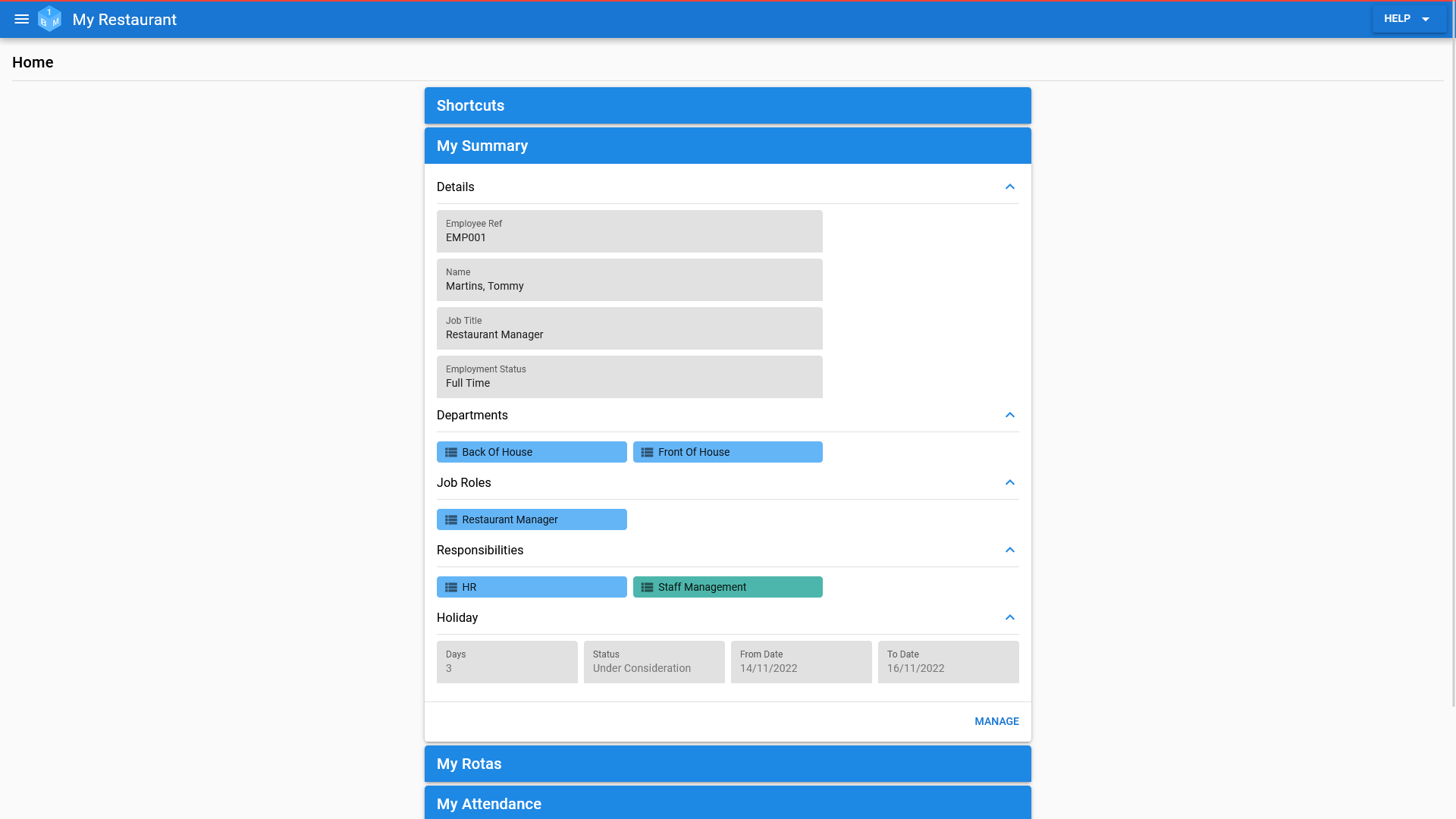 The current users employee summary in OneBoxBM (expanded).