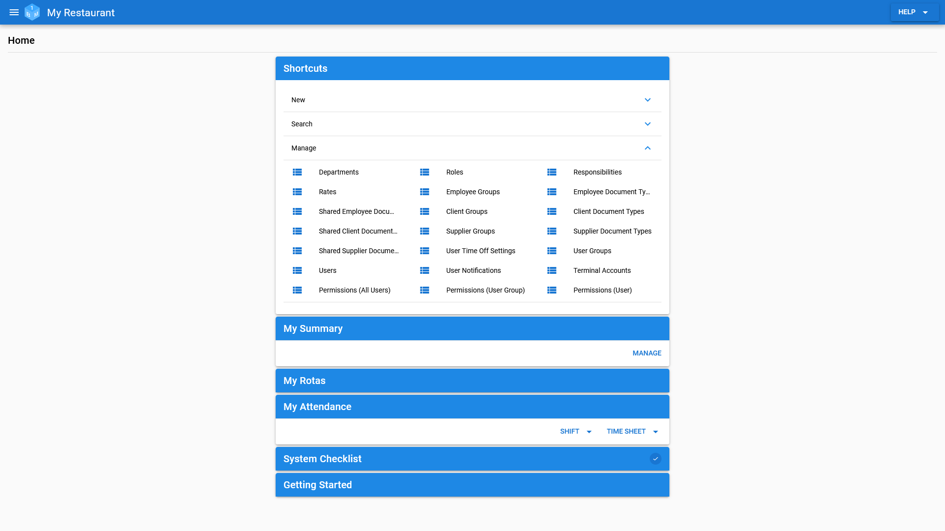 A list of shortucts for managing admin data in OneBoxBM.