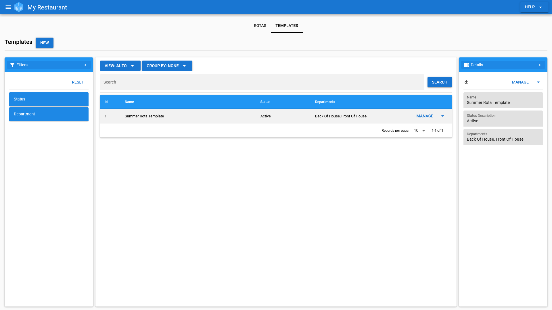 The Rota Template Management area in OneBoxBM.