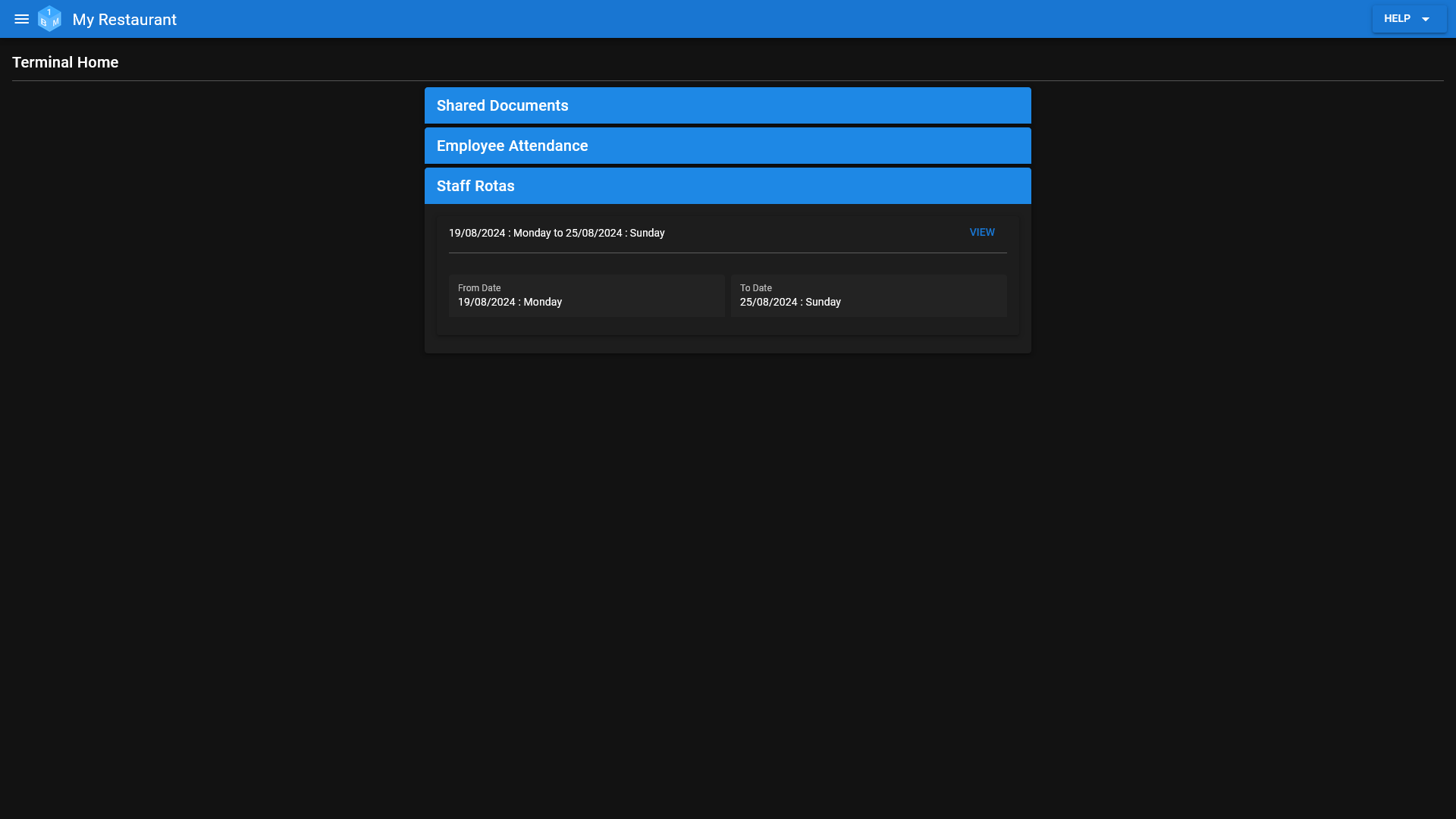 The Staff Rotas section on the Terminal screen in OneBoxBM.