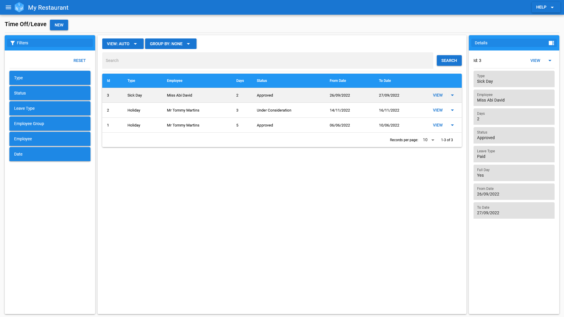 The Time Off/Leave Management area in OneBoxBM.